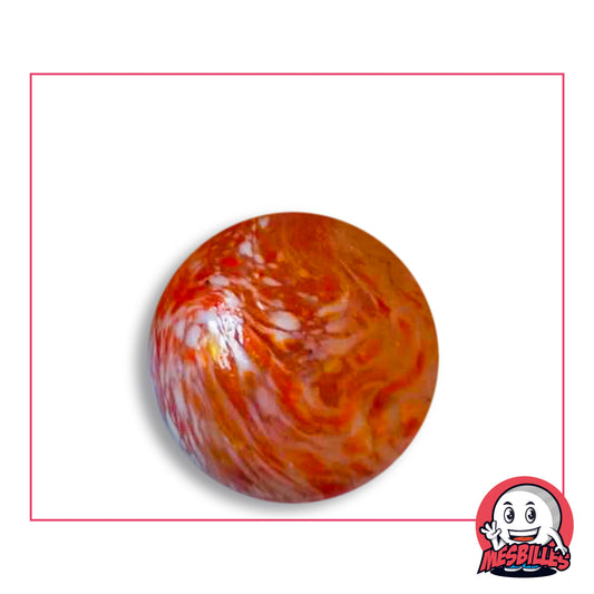 Bille Flyer Rouge 25 mm KimPlay Collector en verre rouge-orangé à volutes blanc rosé, vue de dessus, 25 mm de diamètre