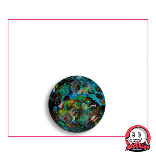 Flyer Dark marble 16 mm KimPlay Collector in black glass veined with petrol blue, with turquoise and green veils and multicoloured flecks, top view, 16 mm in diameter