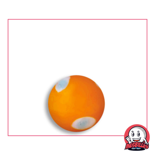 Bille Galactika Orange 16 mm Collector en verre orange vif opaque à ovales blancs au cœur bleu pâle, vue de dessus, 16 mm de diamètre