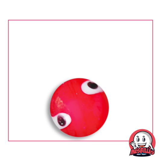 Bille Galactika Rouge 16 mm Collector en verre rouge vif opaque à deux yeux blancs à pupille sombre, vue de dessus, 16 mm de diamètre