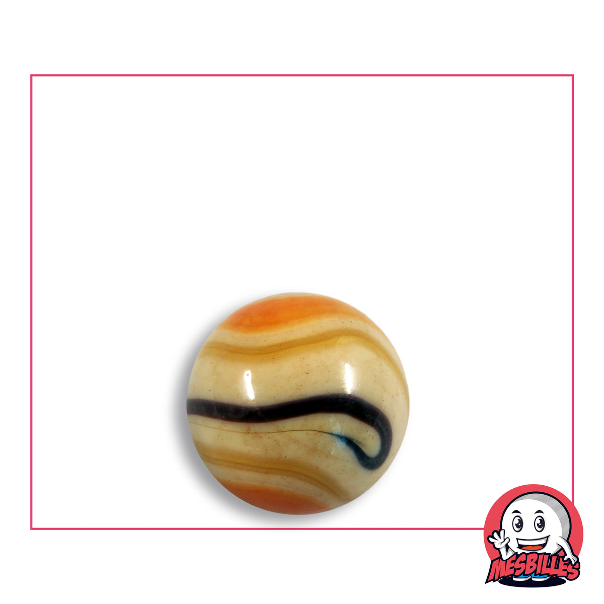 Bille Girafe Espagnol en verre opaque crème à bandes orange et caramel et ruban sombre, vue de dessus, 16 mm de diamètre