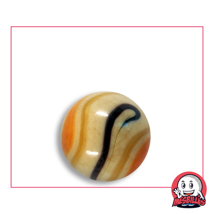 Bille Girafe Espagnol en verre opaque crème à bandes orange et caramel et ruban sombre, vue de dessus, 22 mm de diamètre