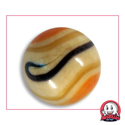 Grande bille Girafe Espagnol en verre opaque crème à bandes orange et caramel et ruban sombre, vue de dessus, 42 mm de diamètre