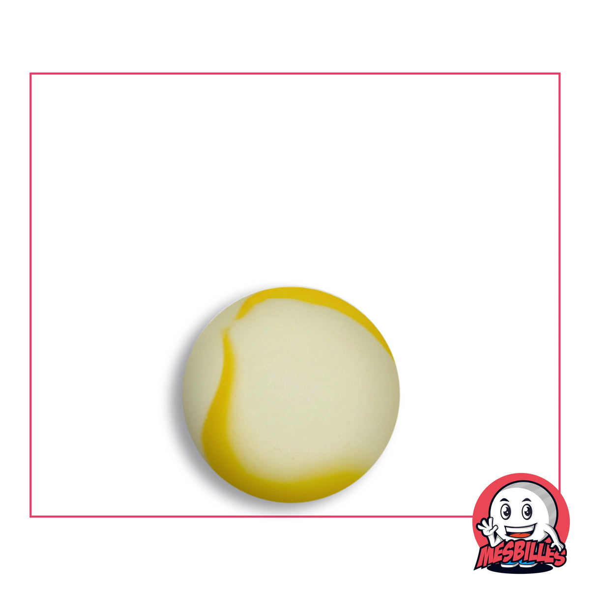 Bille Givrée Jaune en verre dépoli crème à fine bande jaune citron, vue de dessus, 16 mm de diamètre