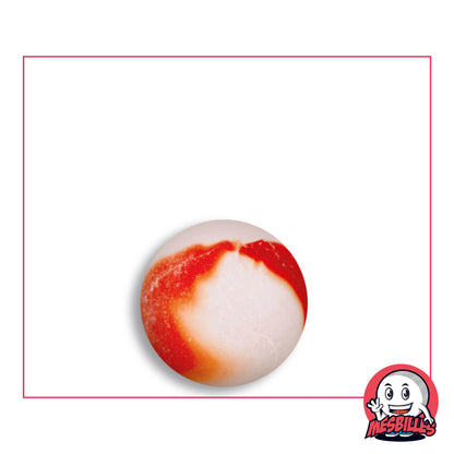 Bille Givrée Rouge en verre dépoli blanc laiteux à large plage rouge nuancée d'orange, vue de dessus, 16 mm de diamètre