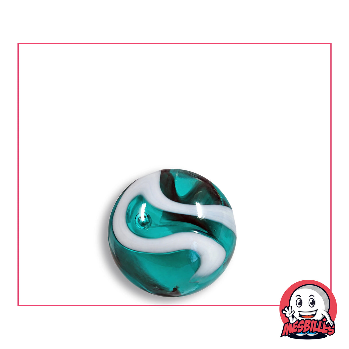Bille Mer Égée en verre turquoise translucide à ruban blanc, vue de dessus, 16 mm de diamètre