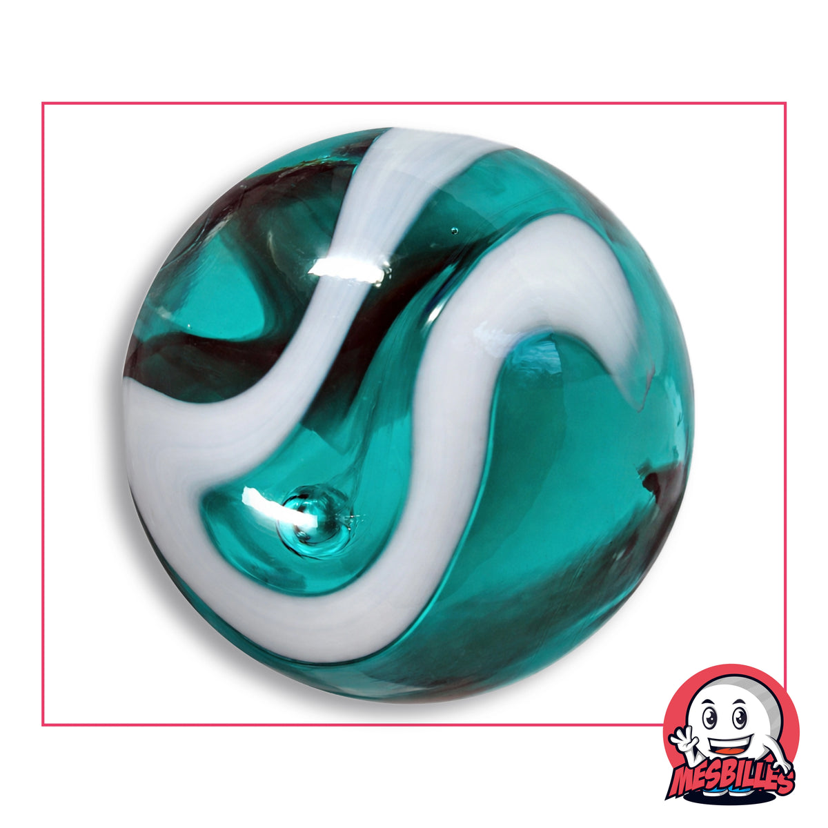 Grande bille Mer Égée en verre turquoise translucide à ruban blanc, vue de dessus, 50 mm de diamètre