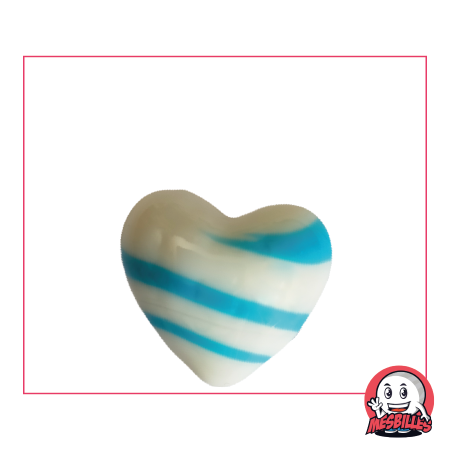 Ball Shaped Marble, white opaque glass heart with light blue stripes, 25 mm flat, My-Glassmarbles