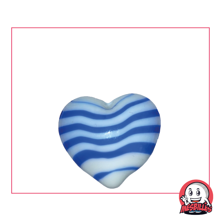 Ball Shaped Marble, white opaque glass heart with blue stripes, flat 25 mm, My-Glassmarbles