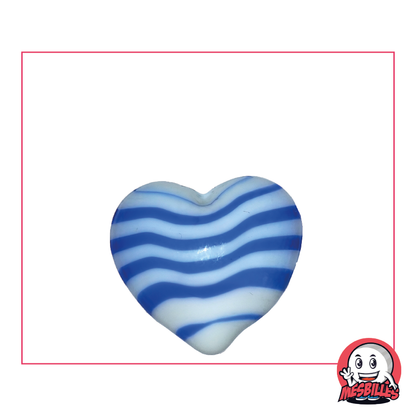 Ball Shaped Marble, white opaque glass heart with blue stripes, flat 25 mm, My-Glassmarbles