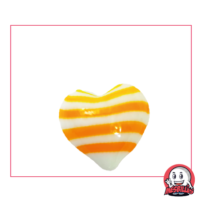 Ball Shaped Marble Heart in white opaque glass with orange stripes, 25 mm flat, My-Glassmarbles