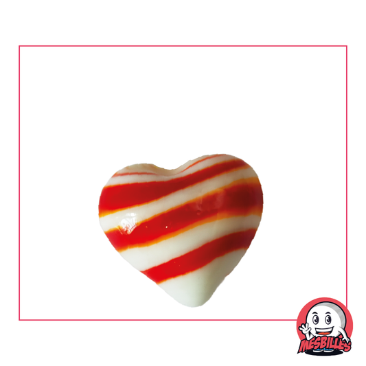 Ball Shaped Marble Heart in white opaque glass with red stripes, 25 mm flat, My-Glassmarbles