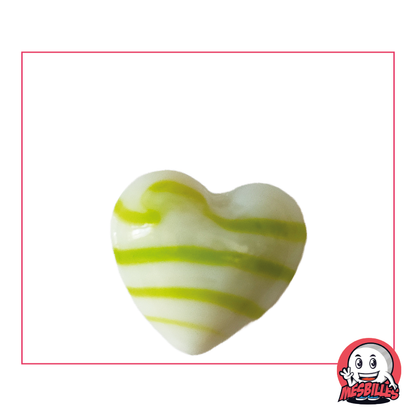 Ball Shaped Marble heart in white opaque glass with light green stripes, 25 mm flat, My-Glassmarbles