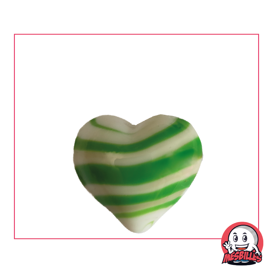 Ball Shaped Marble Heart in white opaque glass with green stripes, 25 mm flat, My-Glassmarbles