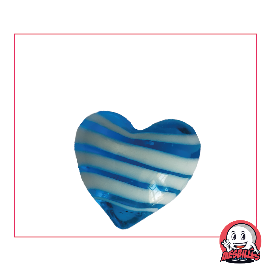 Shaped Marble Heart in translucent blue-intense glass with white stripes, flat ball 25 mm, My-Glassmarbles