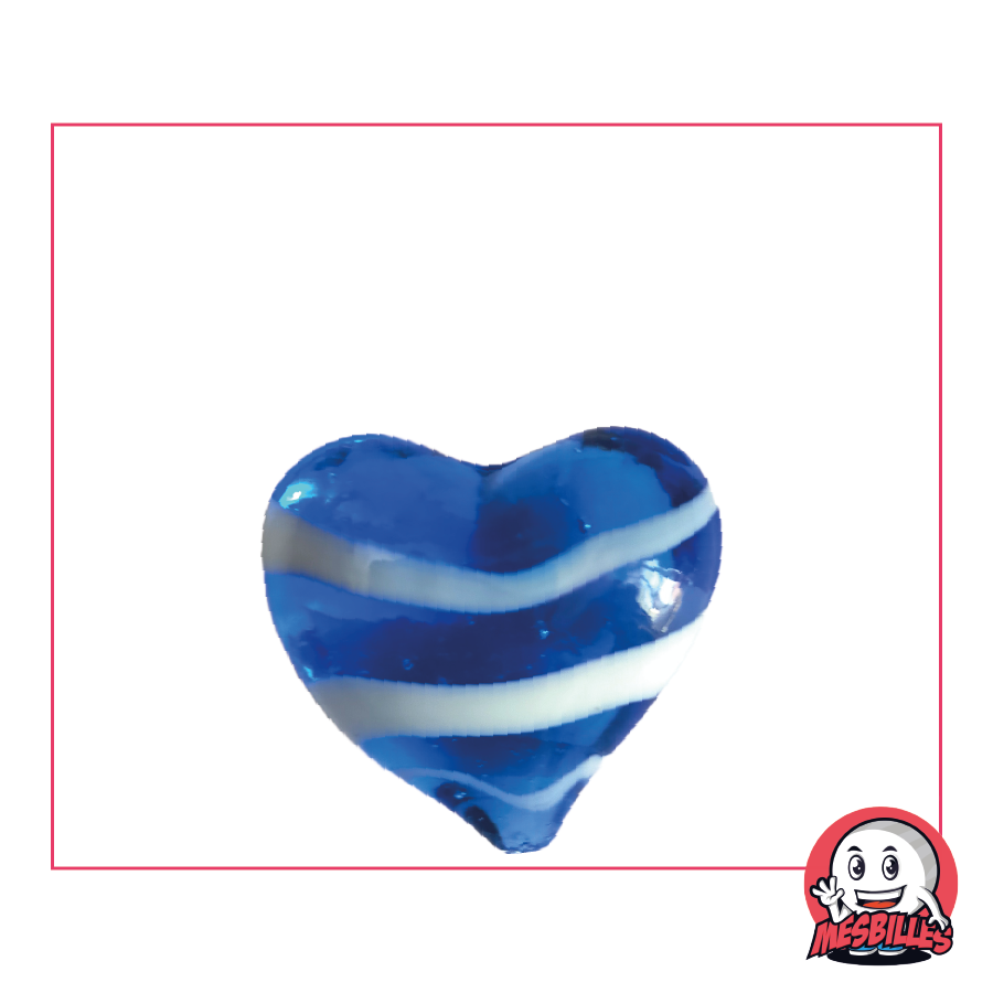 Shaped Marble Heart in translucent night-blue glass with white stripes, flat ball 25 mm, My-Glassmarbles