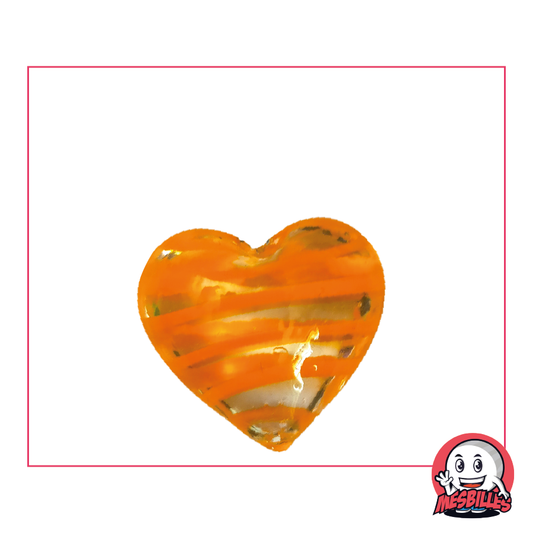 Shaped Marble Heart in translucent crystal glass with orange stripes, flat ball 25 mm, My-Glassmarbles