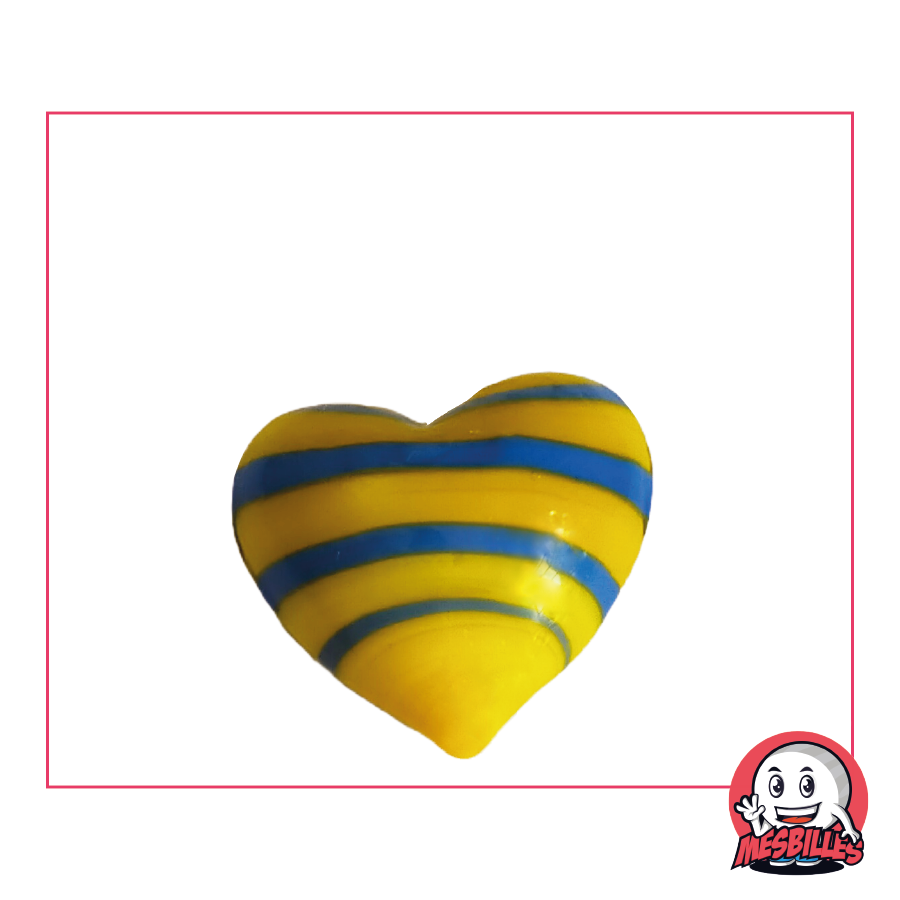 Ball Shaped Marble Heart in opaque yellow glass with blue stripes, flat 25 mm, My-Glassmarbles