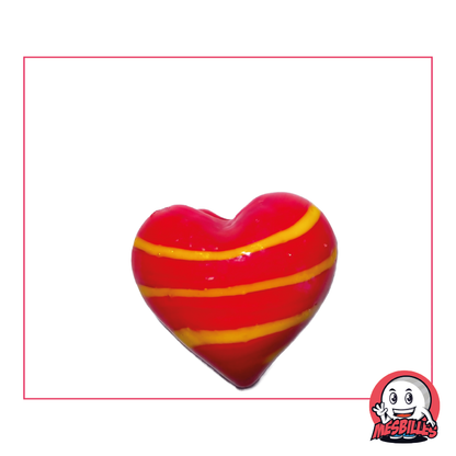 Shaped Marble, heart, opaque glass, red with yellow stripes, flat ball 25 mm, My-Glassmarbles