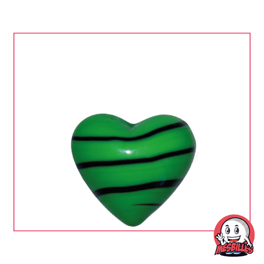 Bead Heart opaque glass green with black stripes, flat 25 mm, My-Glassmarbles