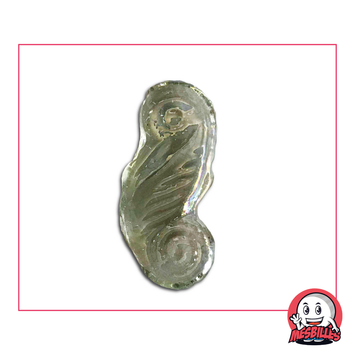 Photo of a Flat Marble in the shape of a translucent seahorse - clear crystal colour, fine, shiny details.