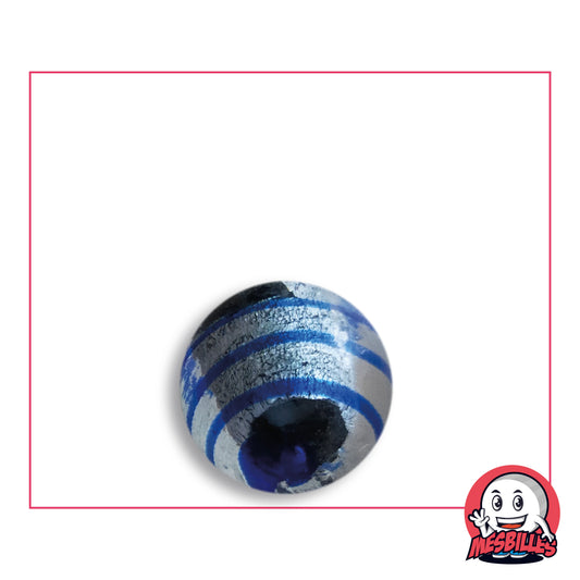 Oeil de Dragon Blue Striped marble 16 mm KimPlay Collector in clear glass with a silver design striped with blue, top view, 16 mm in diameter