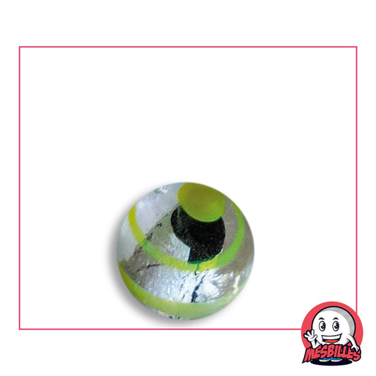 Oeil de Dragon Yellow Striped marble 16 mm KimPlay Collector in clear glass with a silver design striped with yellow, top view, 16 mm in diameter