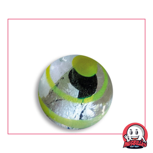 Bille Oeil de Dragon Rayé Jaune 25 mm KimPlay Collector en verre clair à décor argenté rayé de jaune, vue de dessus, 25 mm de diamètre