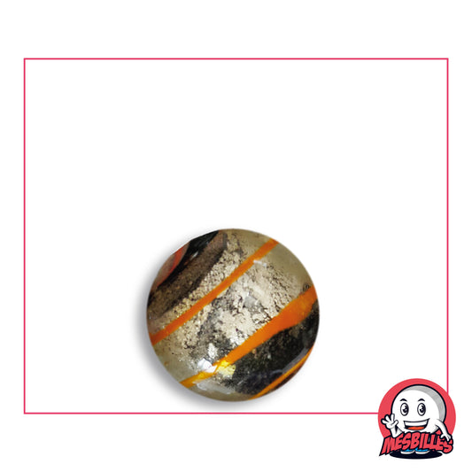 Oeil de Dragon Orange Striped marble 16 mm KimPlay Collector in clear glass with a silver design striped with orange, top view, 16 mm in diameter