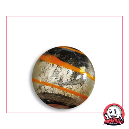 Bille Oeil de Dragon Rayé Orange 25 mm KimPlay Collector en verre clair à décor argenté rayé d'orange, vue de dessus, 25 mm de diamètre