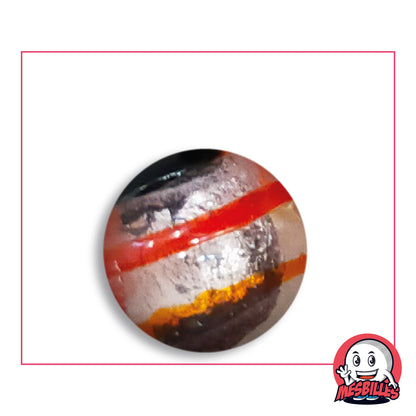 Bille Oeil de Dragon Rayé Rouge 25 mm KimPlay Collector en verre clair à décor argenté rayé de rouge, vue de dessus, 25 mm de diamètre