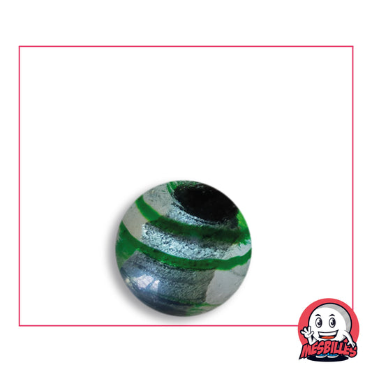 Oeil de Dragon Green Striped marble 16 mm KimPlay Collector in clear glass with a silver design striped with green, top view, 16 mm in diameter