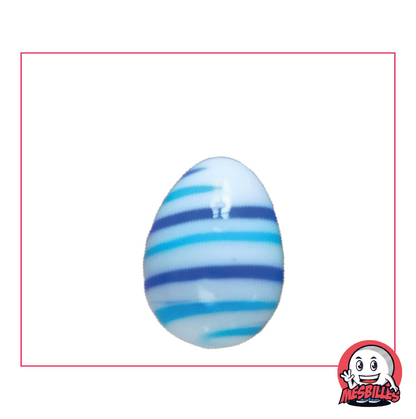 Marble Egg My-Glassmarbles, exotic shape, white opaque glass with turquoise and blue stripes, 25mm