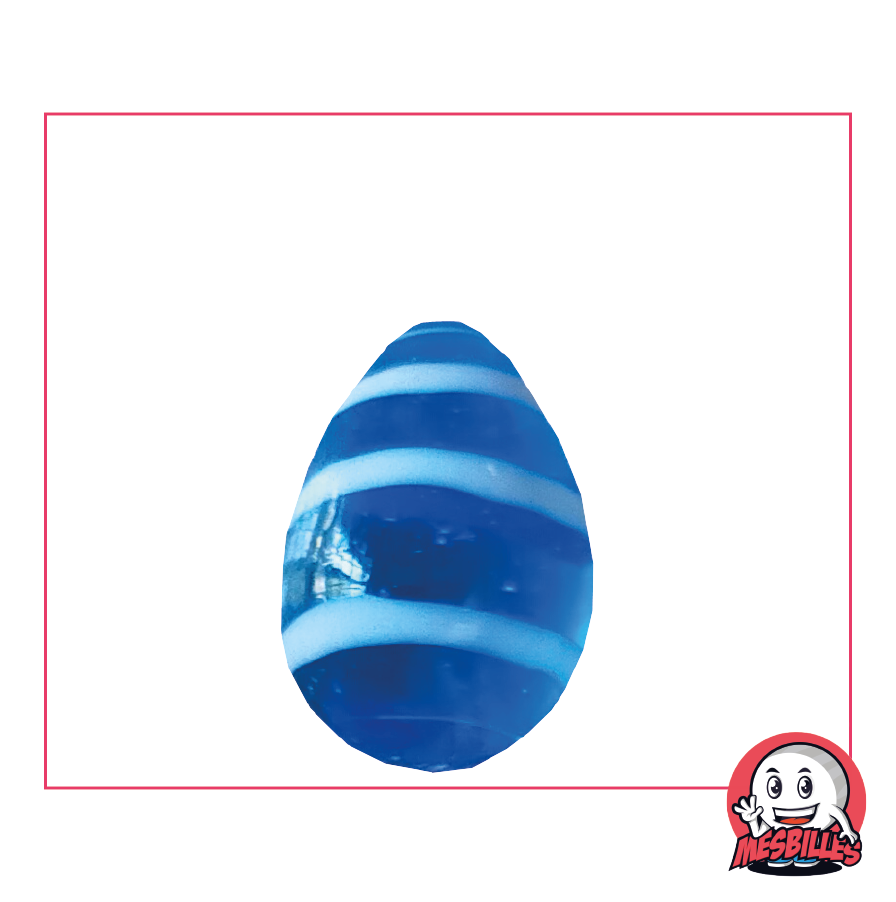 My-Glassmarbles egg marble, unconventional shape, intense blue and white striped glass, 25mm