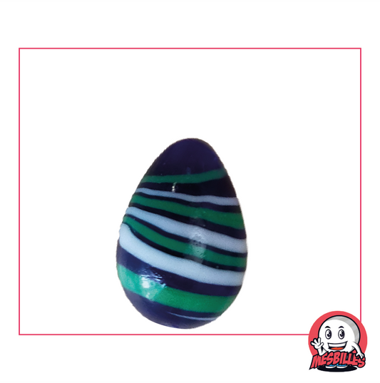 My-Glassmarbles Egg marble, unusual shape, translucent night-blue glass with green and white stripes, 25mm