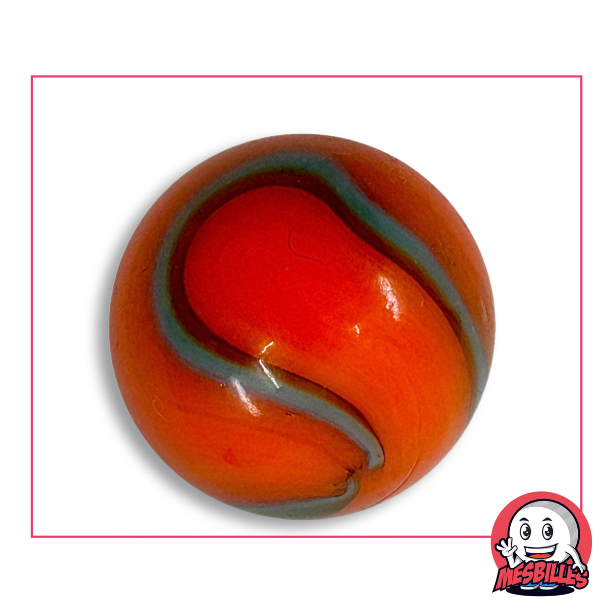Grande bille Orange-Turquoise en verre opaque orange à rubans turquoise grisé, vue de dessus, 42 mm de diamètre