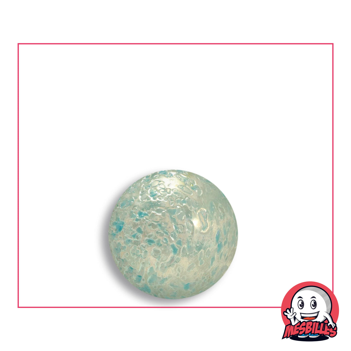 Pépite Blue marble 16 mm in translucent glass with light blue, pale turquoise and white flecks, top view, 16 mm in diameter