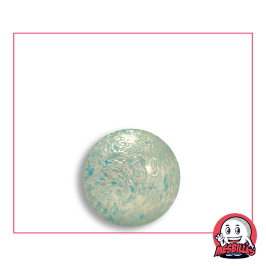 Pépite Blue marble 16 mm in translucent glass with light blue, pale turquoise and white flecks, top view, 16 mm in diameter