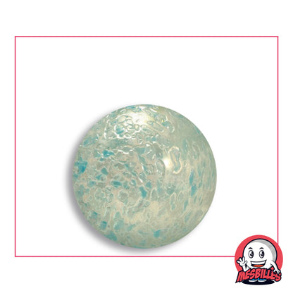 Bille Pépite Bleu Clair 25 mm en verre translucide à éclats bleu turquoise pâle et plages blanches, vue de dessus, 25 mm de diamètre