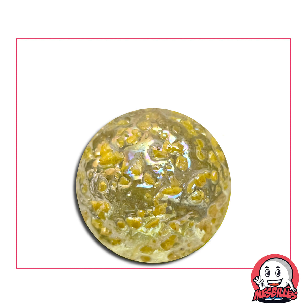 Calot Pépite Jaune Intense 25 mm translucide avec éclats jaunes dorés dans le verre – grande bille décorative MesBilles