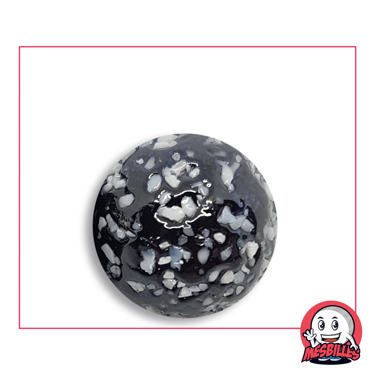 Bille Pépite Noir en verre noir brillant moucheté d'éclats blancs, vue de dessus, 25 mm de diamètre