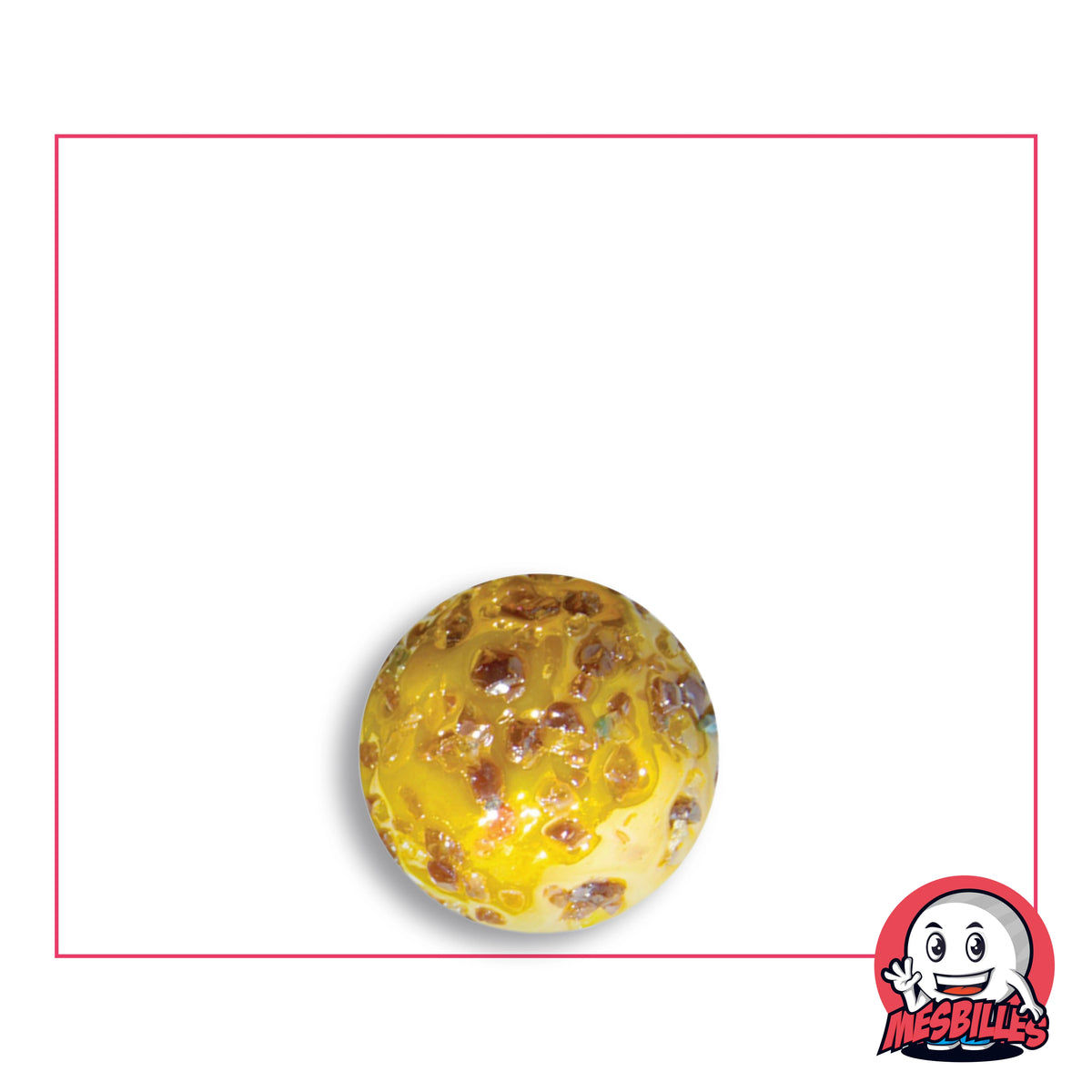 Pépite Précieuse marble 14 mm in yellow glass speckled with coppery brown, top view, 14 mm in diameter