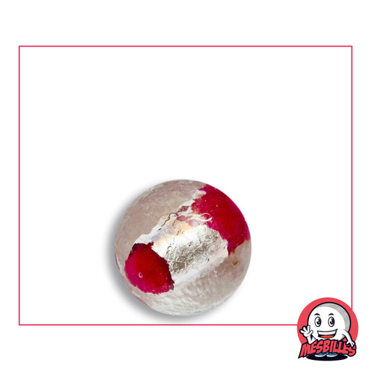Bille Planète Rouge 16 mm Collector en verre clair à cylindre d'aspect argenté froissé fermé par deux pastilles rouge cerise, vue de dessus, 16 mm de diamètre