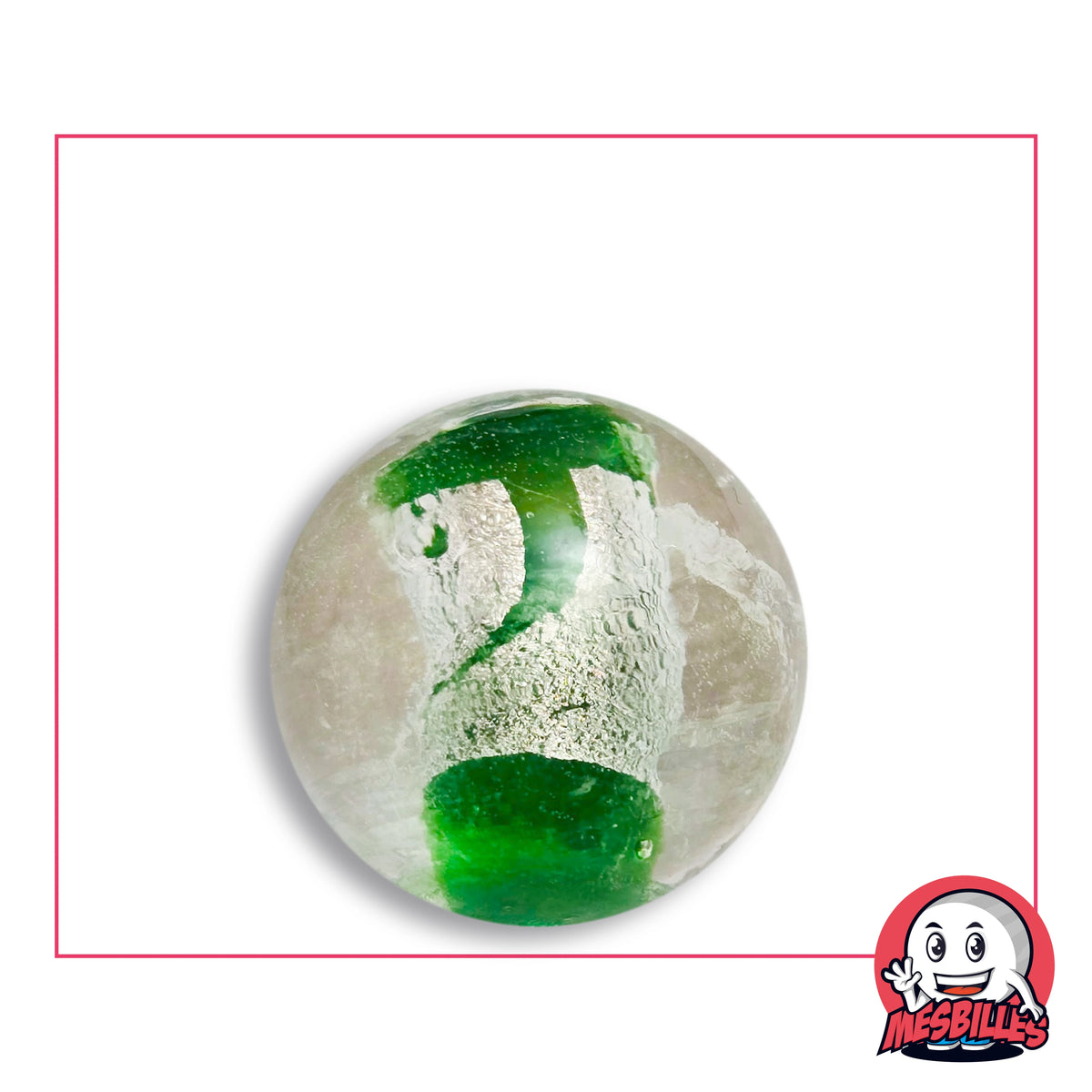 Bille Planète Vert 25 mm Collector en verre clair à cylindre d'aspect argenté entre deux disques vert émeraude, filet vert enroulé, vue de dessus, 25 mm de diamètre