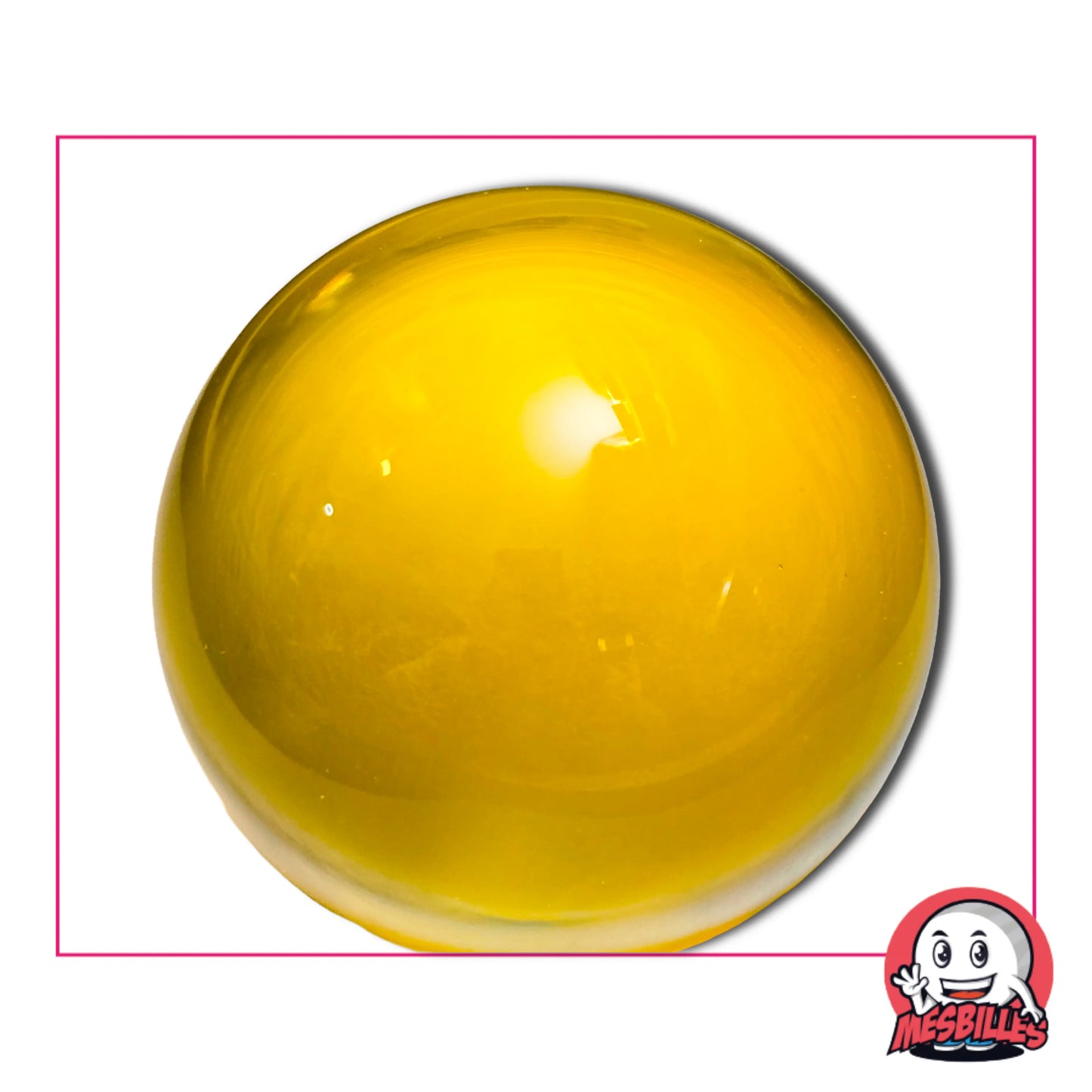 Bille Loupe Jaune 60 mm brillante à fond plat – bille décorative translucide jaune, utilisée comme presse-papiers design MesBilles