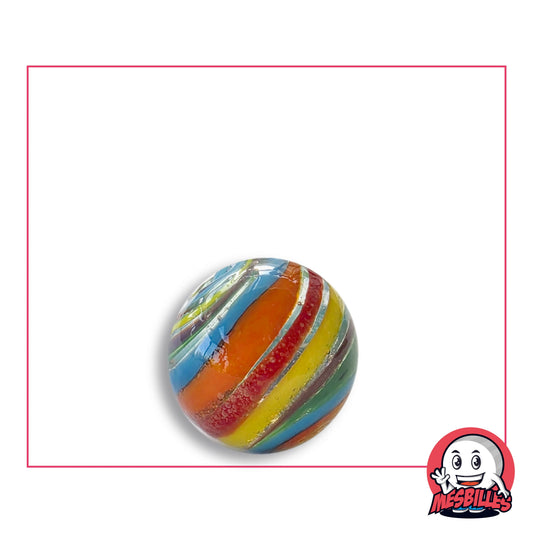 Bille Rainbow 16 mm Collector en verre à bandes obliques turquoise, orange, rouge, jaune et vert, vue de dessus, 16 mm de diamètre