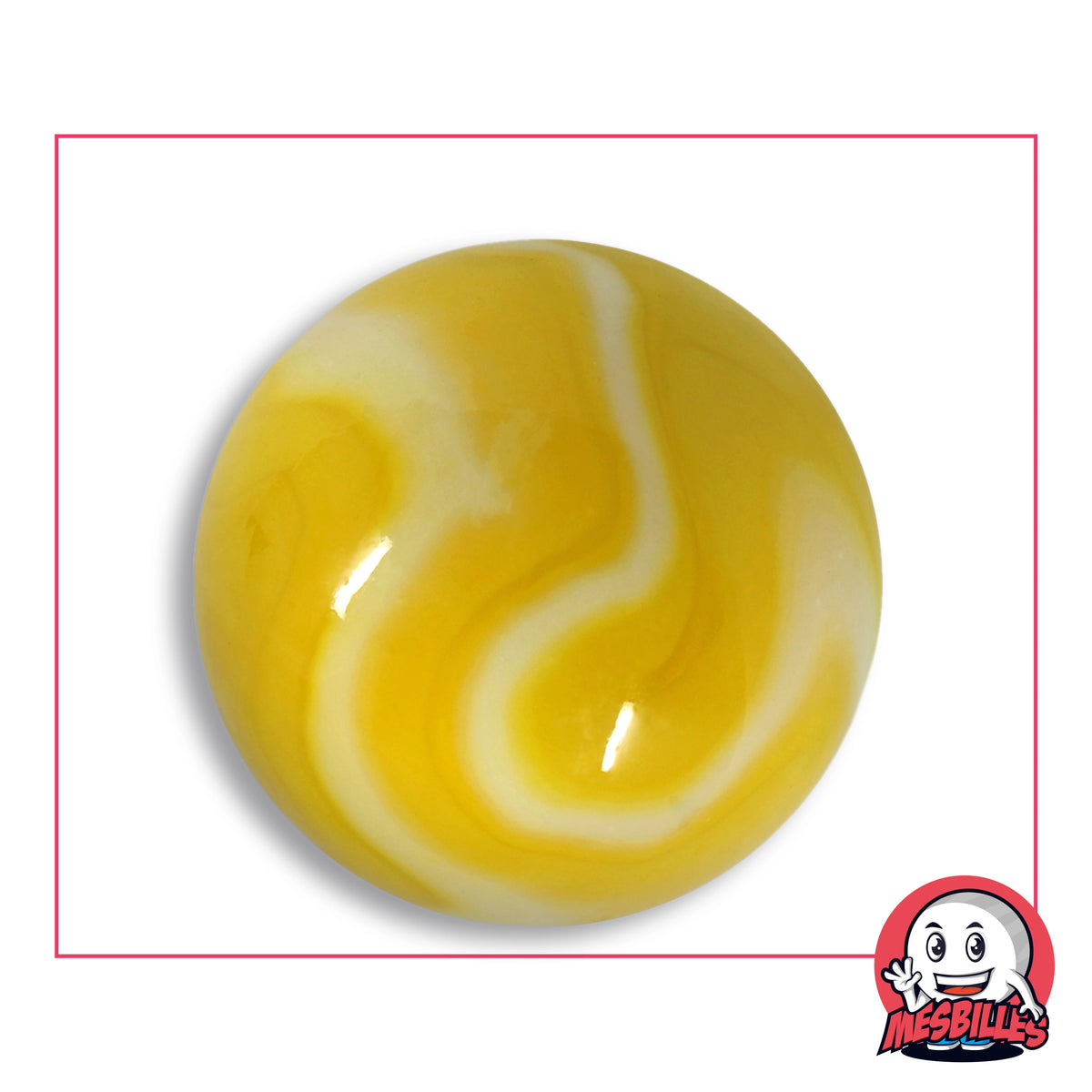 Grande bille Sorbet Citron en verre jaune opaque à volutes blanc crème, vue de dessus, 42 mm de diamètre