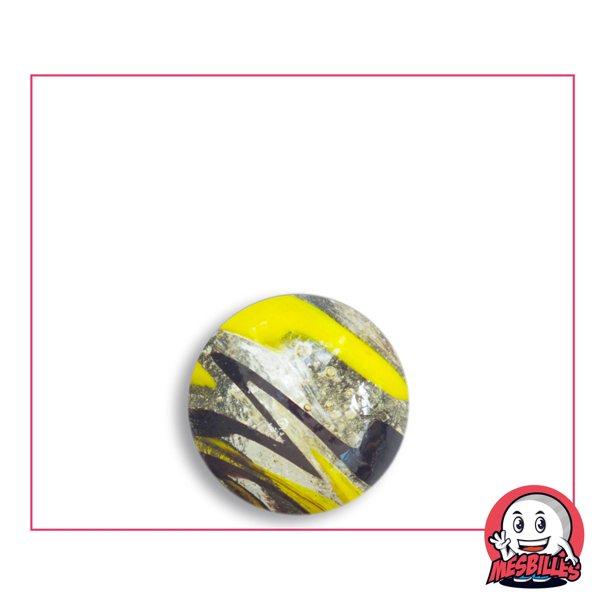 Bille Speedy Noir et Jaune 16 mm Collector en verre clair bullé à bandes jaune citron et chevrons noirs, vue de dessus, 16 mm de diamètre