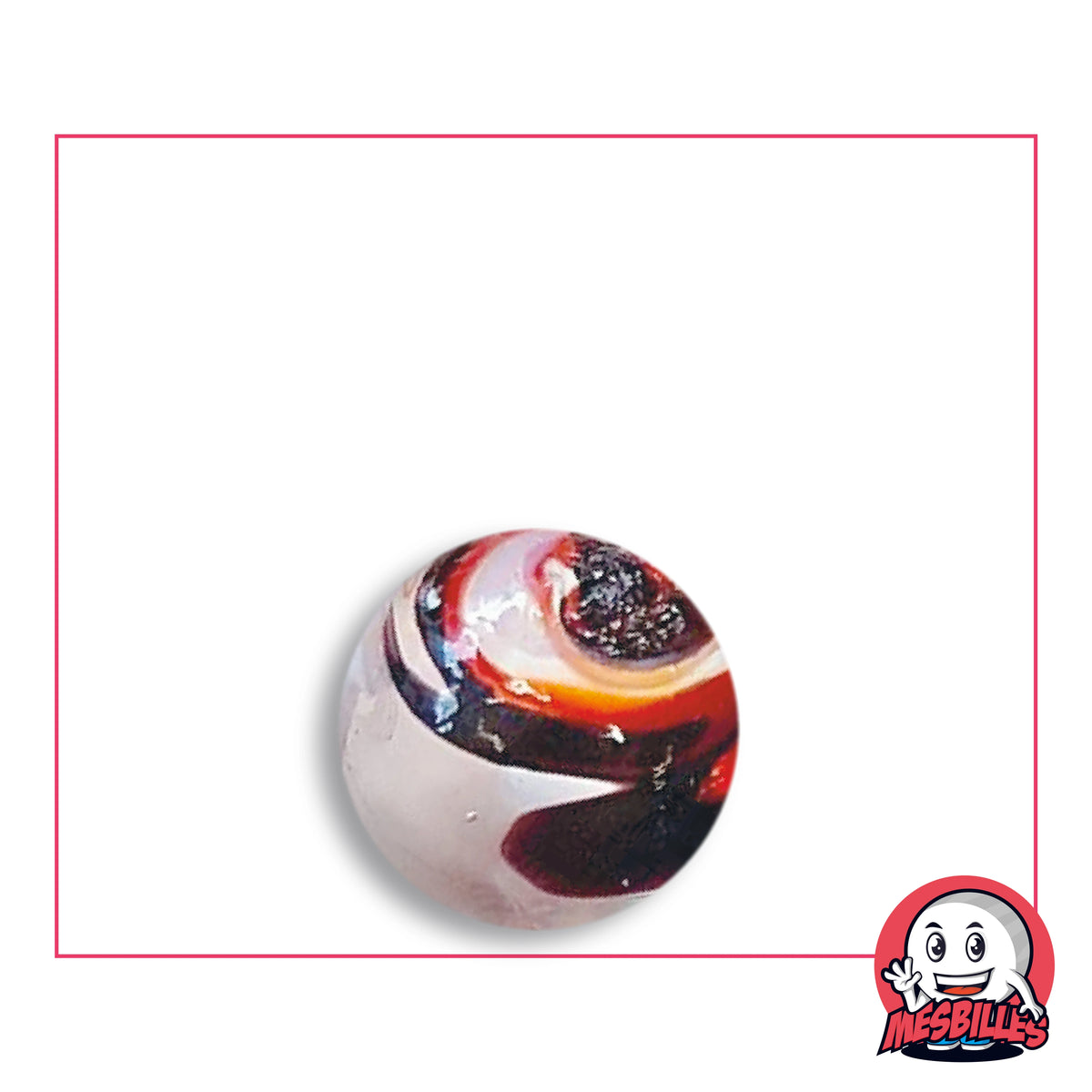 Bille Speedy Noir et Rouge 16 mm KimPlay Collector en verre à fond pâle laiteux, spirale rouge et orange, bandes presque noires, vue de dessus, 16 mm de diamètre