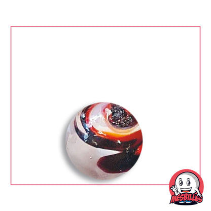 Bille Speedy Noir et Rouge 16 mm KimPlay Collector en verre à fond pâle laiteux, spirale rouge et orange, bandes presque noires, vue de dessus, 16 mm de diamètre